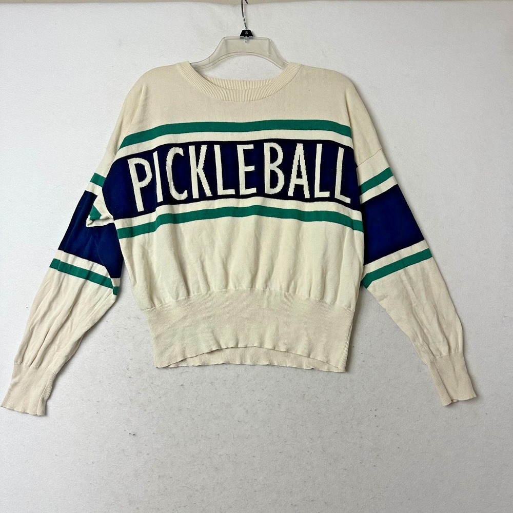 Le‎ Lis Collection Pickleball Sweater Cream Navy Green Stripe Cotton Knit Large